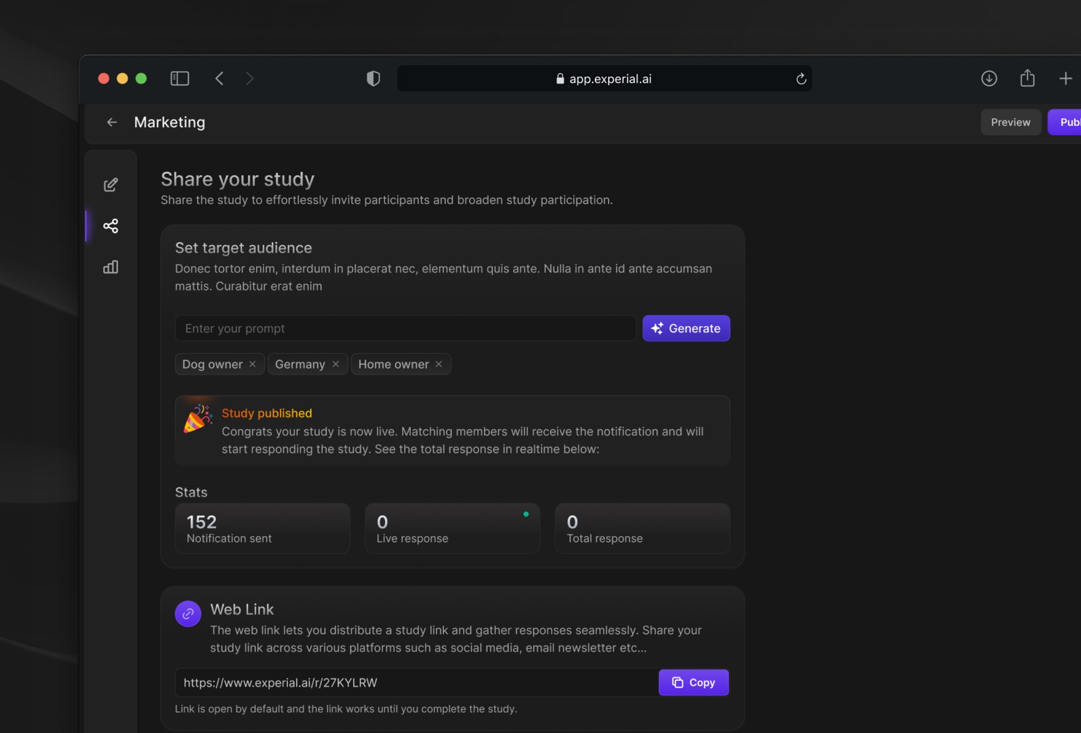 Dark mode screenshot of Experial.ai dashboard interface